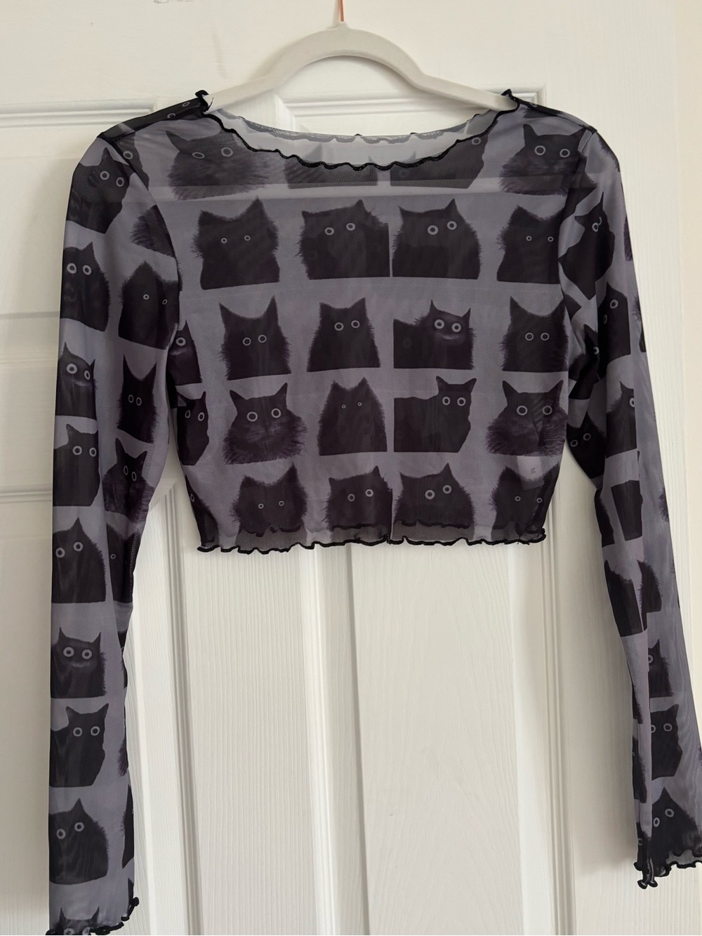 Sheer Black Cat Print Long-Sleeve Crop Top - Unbranded
